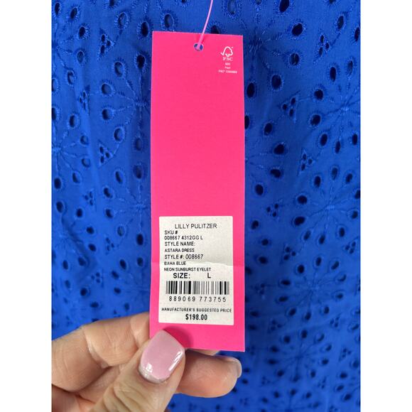 Lilly Pulitzer NWT Astara Dress Baha Blue Neon Sunburst Eyelet Size L - Picture 5 of 7